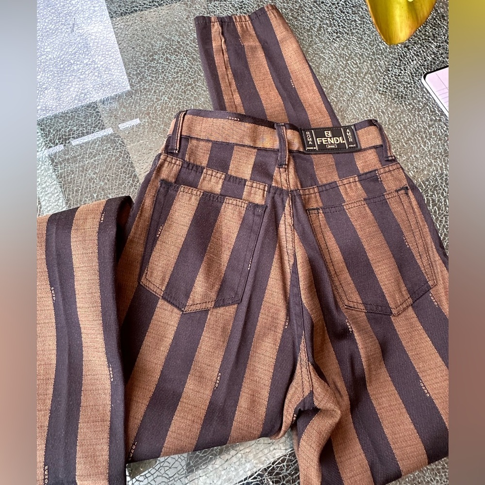 FENDI BROWN ON BROWN STILT LEG STRIPED DENIM PANT SEXY ROMA AMOR EUC